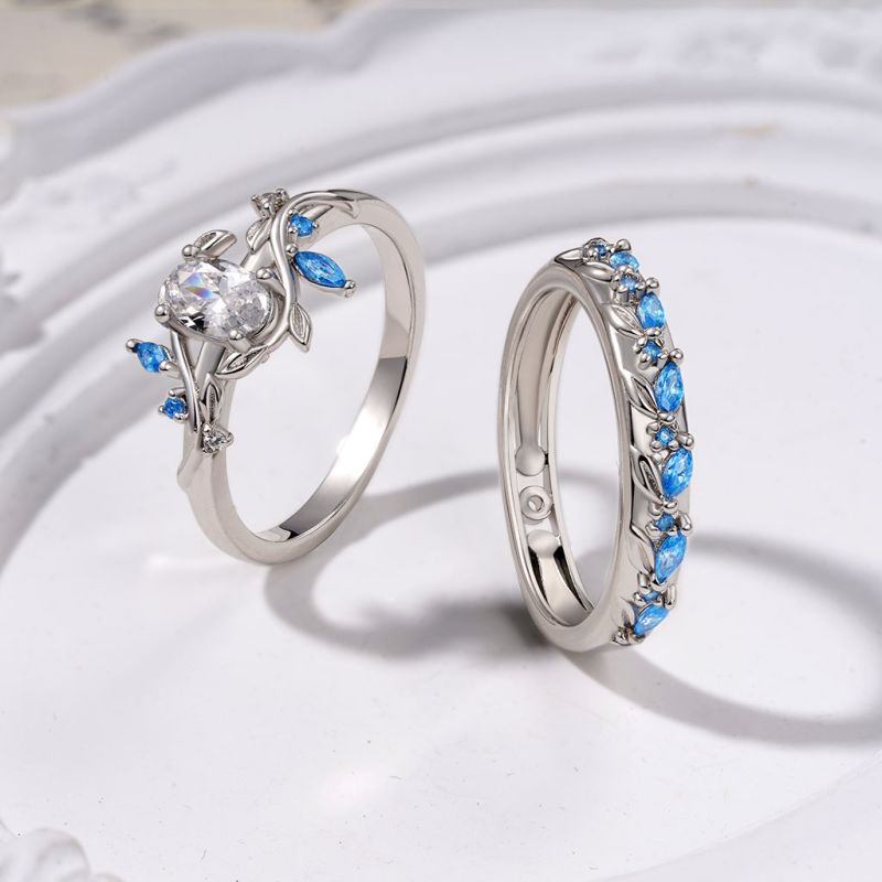 Oval-cut Diamond Vine Leaf Couple Rings
