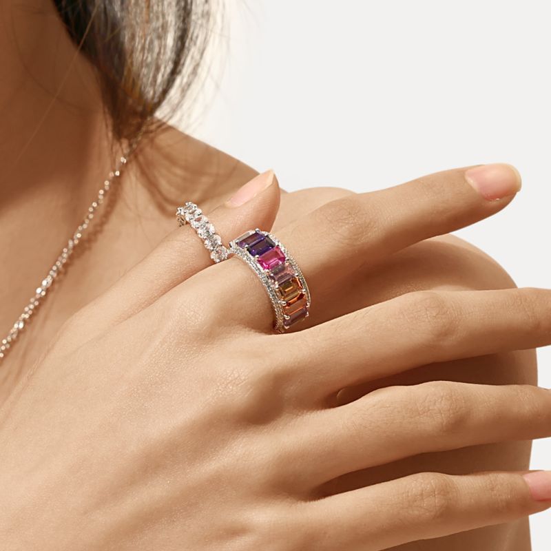 Baguette Cut Rainbow Band Ring