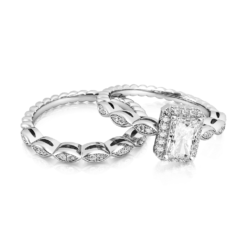 Vintage Emerald Cut Halo Ring Set