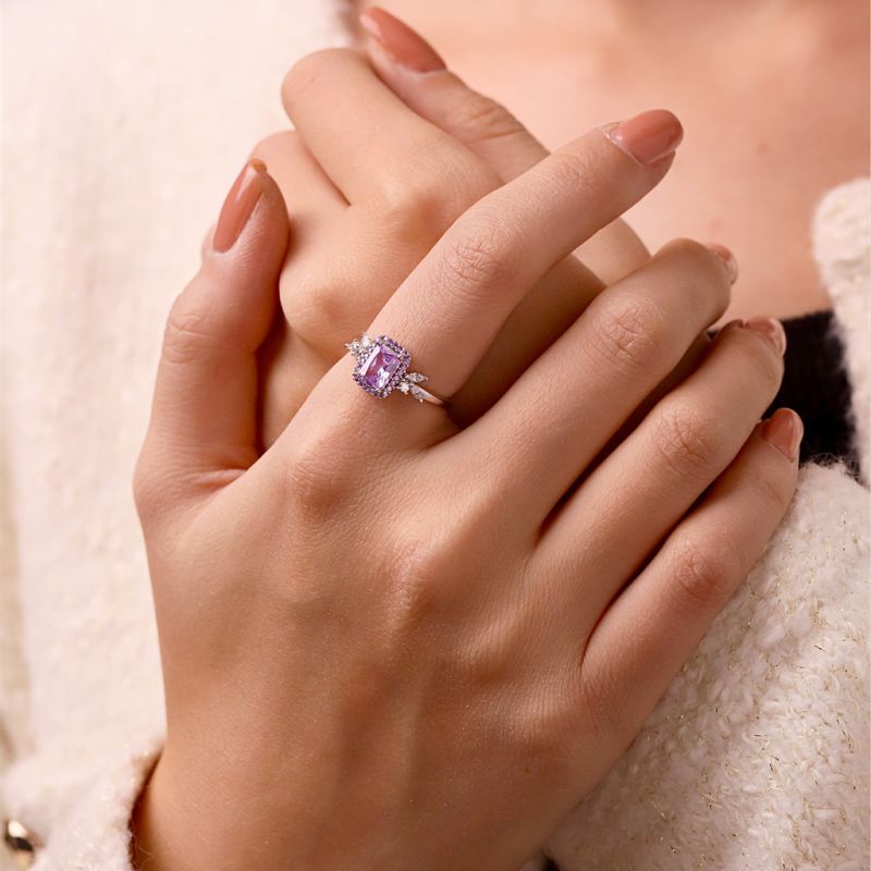Square-Cut Amethyst Diamond Leaf Ring