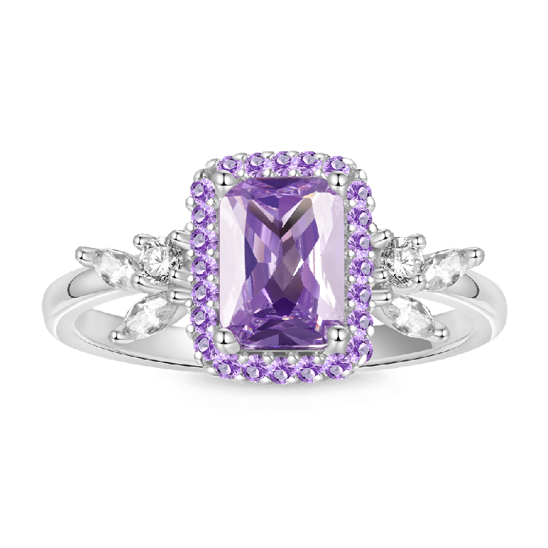Square-Cut Amethyst Diamond Leaf Ring