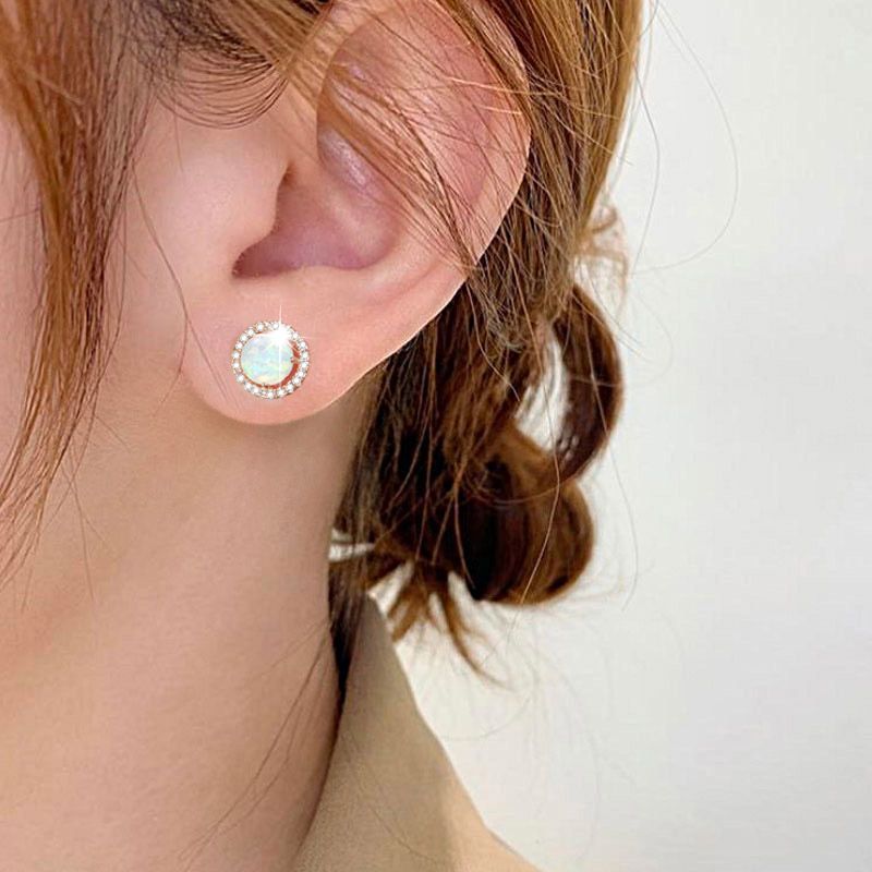 Round Stud Earrings with Opal