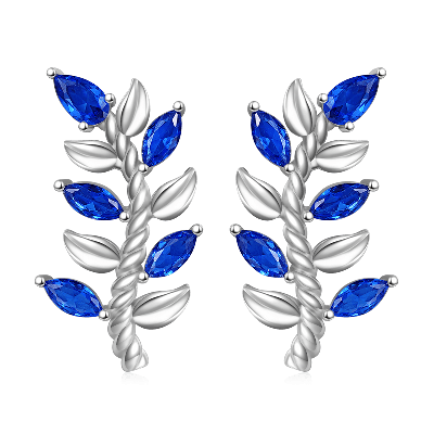 Leaf & Stem Blue Gems Stud Earrings