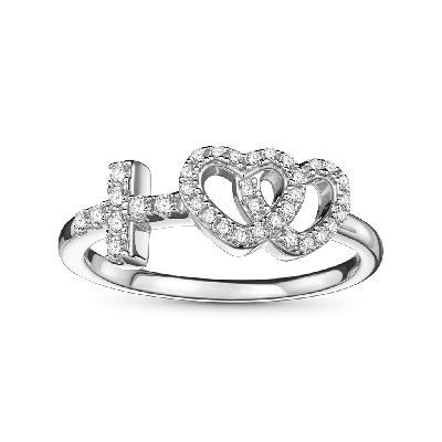 Double Heart with Cross Ring